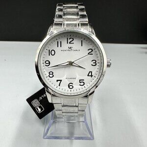 Montres Carlo Watch Men Silver Tone White Dial Round 38MM New Battery 8.25"